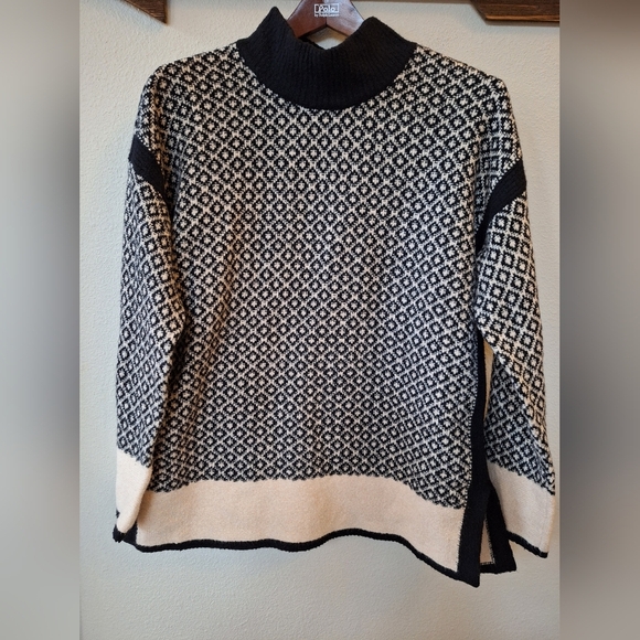 J. Jill Womens Mock Neck Black/Cream Geometric Print Relaxed Sweater Size S - Picture 1 of 6